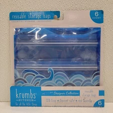 Krumbs Kitchen Designer 6 Blue Reusable Food Storage Bags - New!