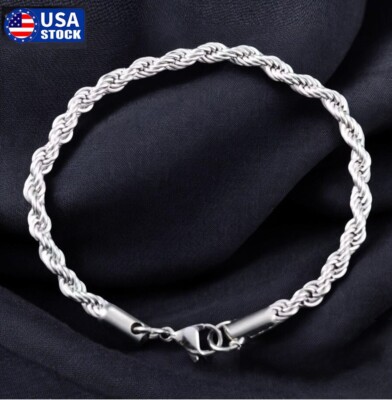 Women's 925 Sterling Silver Bracelet Size 8 Inches 4MM lobster Unisex Gifts USA