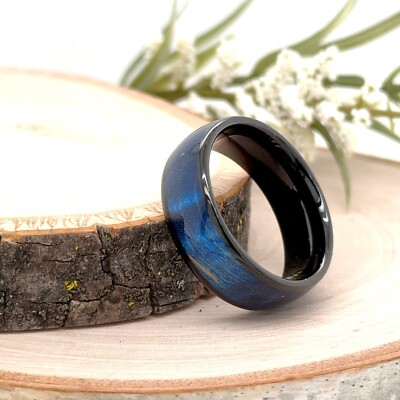 Blue Wood Inlay Stepped Edges Band 8MM Black Tungsten Christmas Gift Unisex Ring