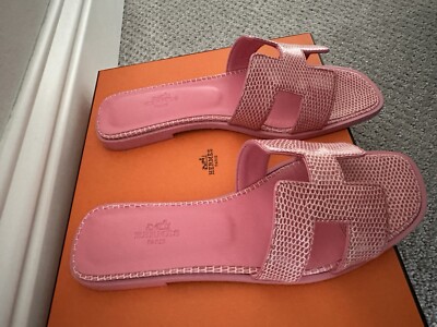 NIB Hermes Oran Rose Jaipur Glossy Lizard Slide Sandals 36.5 | eBay