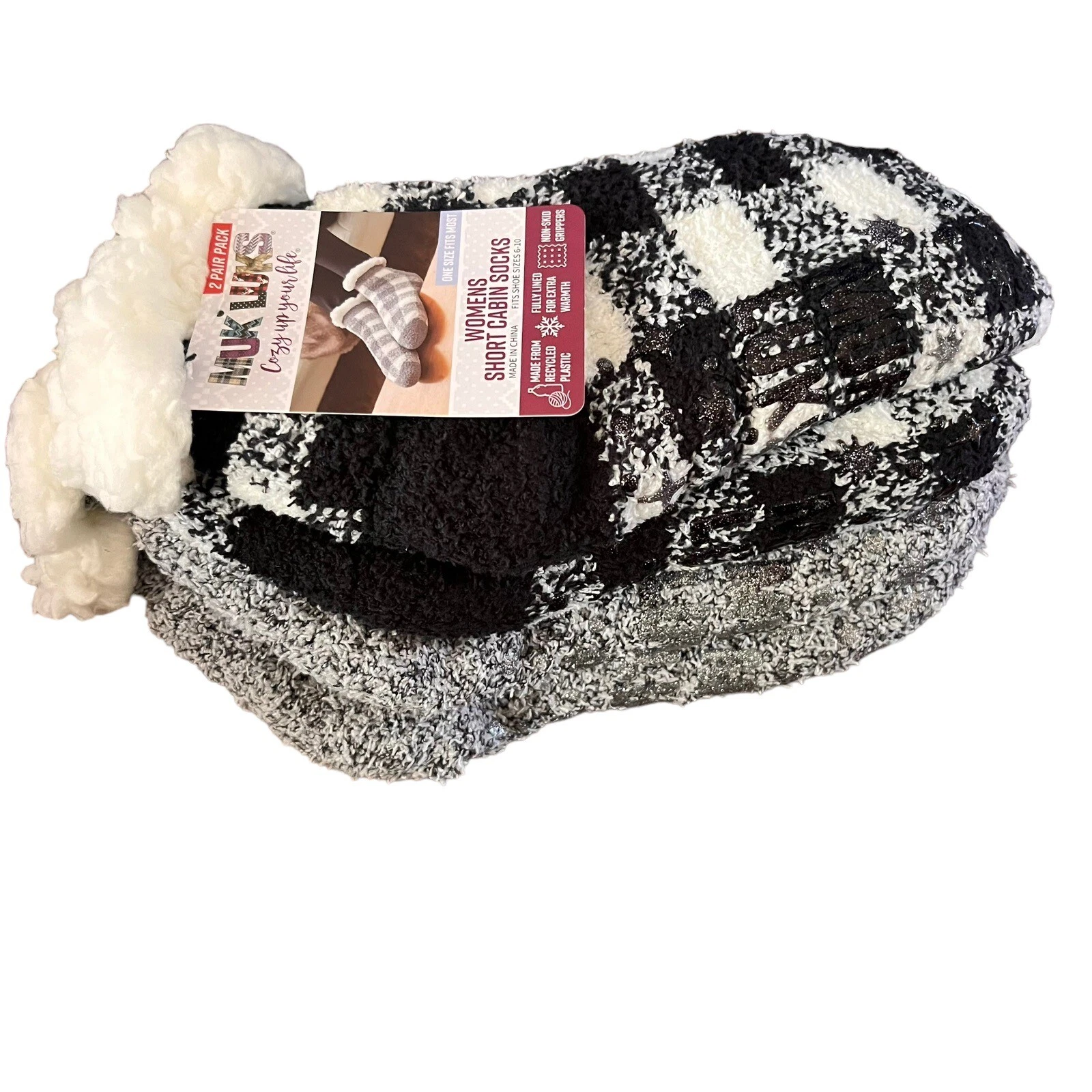 Muk Luks Womens 2 Pair Short Sherpa Cabin Socks Black Plaid Slippers No Skid E1