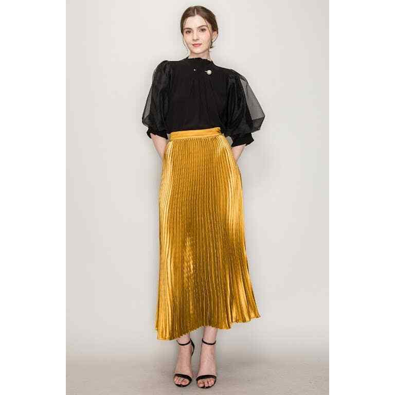 High Waist Satin Pleated Long Skirt
