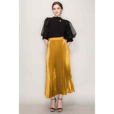 High Waist Satin Pleated Long Skirt