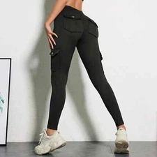 Womens Cargo Yoga Leggings with 4 Pockets Tummy Control Workout Pants High Waist
