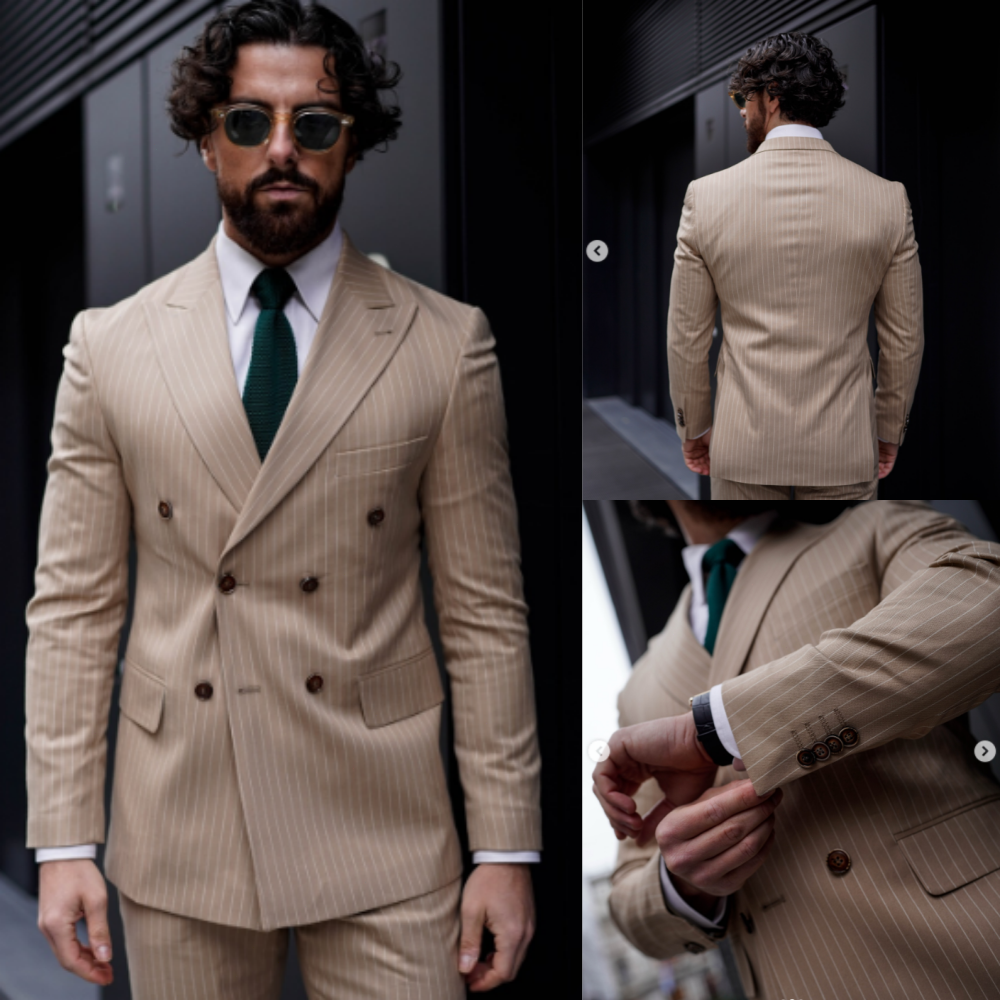 Formal Men Suits Khaki Pin Striped 3 Pieces Peak Lapel Business Wedding Tuxedos