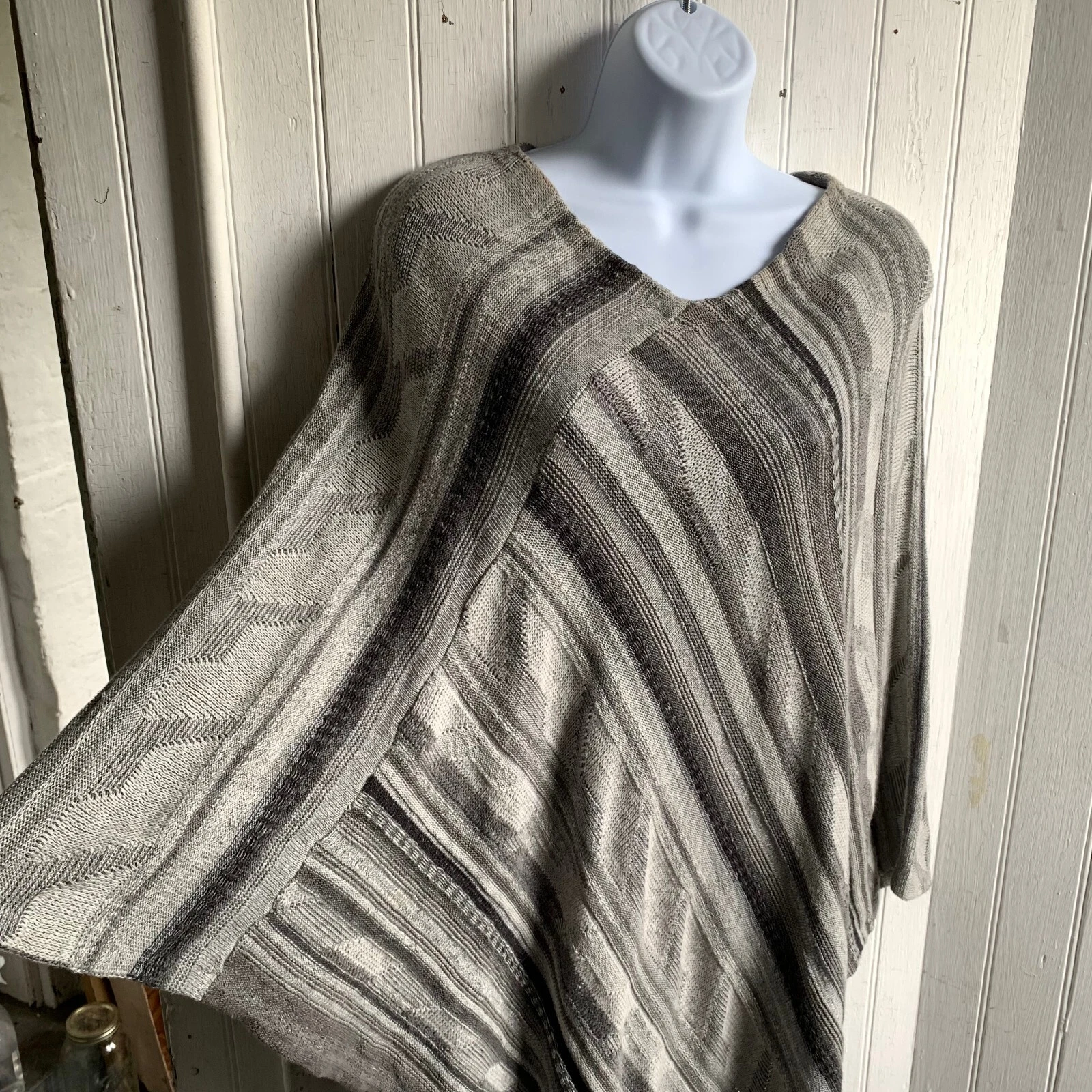 Lauren Ralph Lauren Diagonal Striped Poncho Tan Cotton Linen Sm / Med Classic