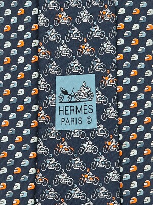 HERMES TIE 626089 FA Helmet & Motorcycle on Dark Blue Silk Necktie