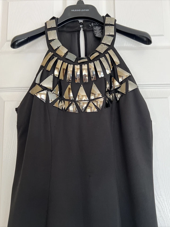 Vintage Black Sleeveless Scoop Neck Silver Embellished Cocktail Dress Med-Large  - Image 4 of 4