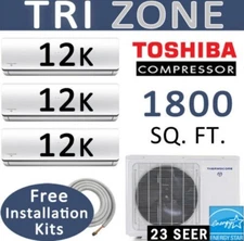 36000 BTU Tri Zone Ductless Mini Split Air Conditioner Heat Pump : 12000 x 3