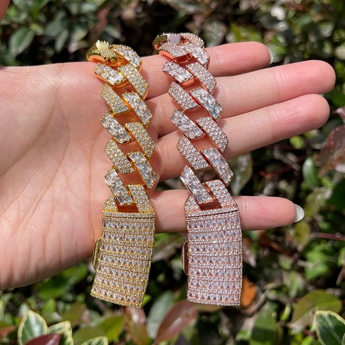 5AAA+ CZ Full Ice Out Hop Hip Miami Two Tone Cuban Link Bracelet Size 8-9-10 - Picture 5 of 15