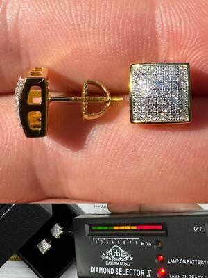 MOISSANITE Real Mens Real 14k Gold Over 925 Silver Iced Hip Hop Earrings  9mm