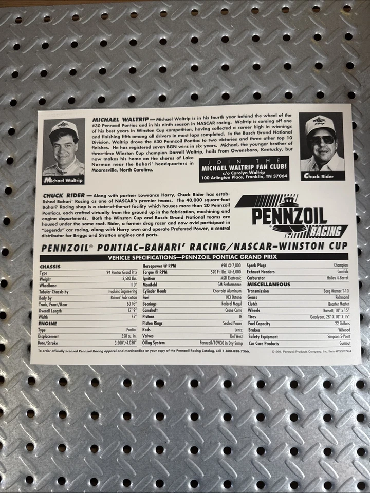 Michael Waltrip 1995 # 30 - Pennzoil Car - Foto NASCAR del Pontiac Grand Prix Foto 2 de 2