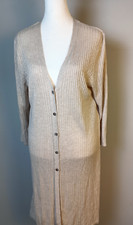 J.Jill Women's M Beige Ribbed Duster Cardigan 5 Button Front V-Neck Linen Blend
