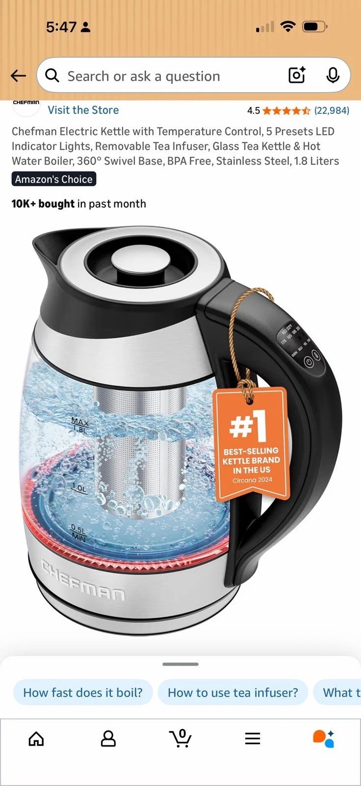 Chefman 1.8L Electric Kettle Custom Temp Rapid Boil with Tea Infuser 1100W