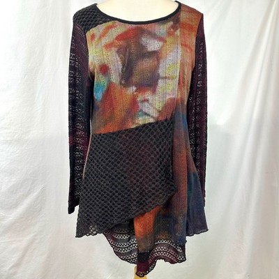 THIS & THAT Rainbow Mixed Media Knit Tunic Women's M Artsy Lagenlook Bohemian