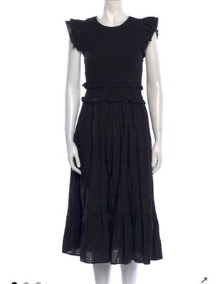 CLEOBELLA CREW NECK MIDI SMOCKED DRESS BLACK SIZE XS