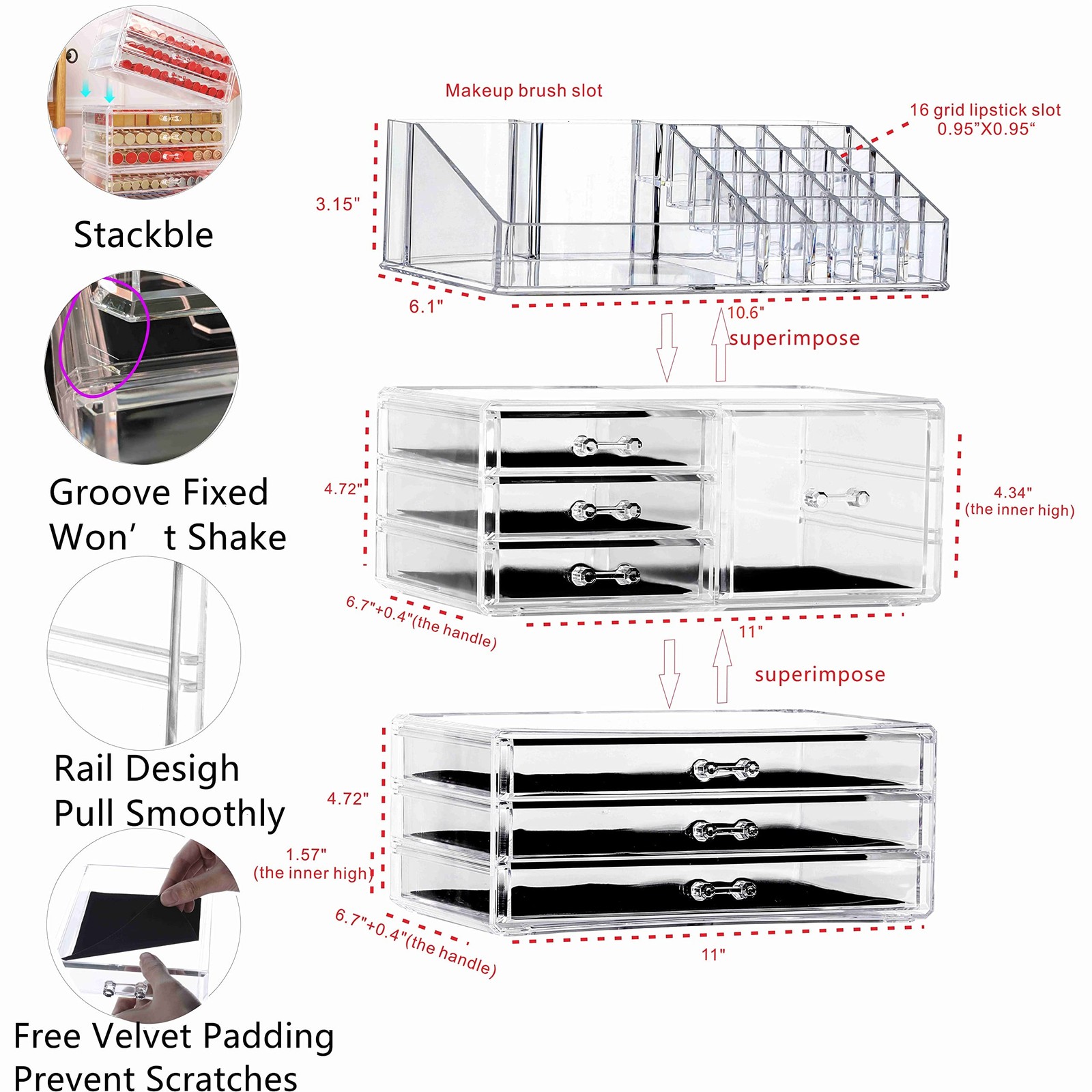 Cq acrylic 3 Pack Clear Make Up Organizers for Vanity,Stackable 7 Drawers Mak...