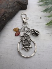 Owl Bag Charm / Owl Gifts / Purse Charm / Leaf Pine Cone Keychain