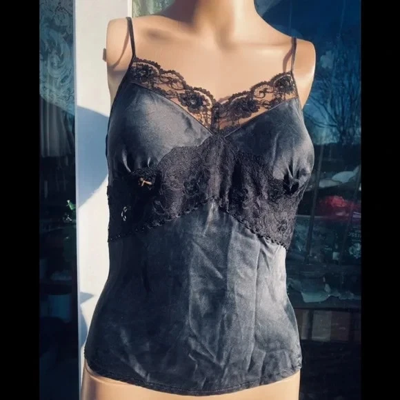 Women's XOXO Y2K Goth Fairy Black Satin & Sequin Lace Sexy Cami Top Size S - Image 3 of 4