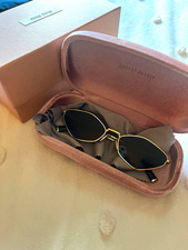 Miu Miu Women's Oval Full Rim Sunglasses Gold Metal Frame Black Tinted + Case