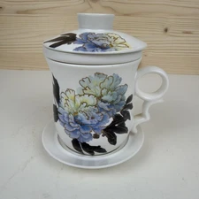 Teavana Wu Minrong Exclusive Ceramic Tea Mug 4 Pc Infuser & Lid - Blue Peony