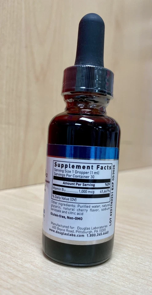 Líquido de laboratorio Douglas B-12 con gotas sublinguales de metilcobalamina 1 fl oz. Foto 2 de 3