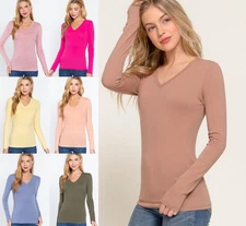 Women's V Neck Long Sleeve Top Basic Soft Stretch Cotton Fitted T-Shirt