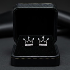 Solid 14K White Gold Crown CZ Stud Earrings Sparkling Royal Design Gift Unisex