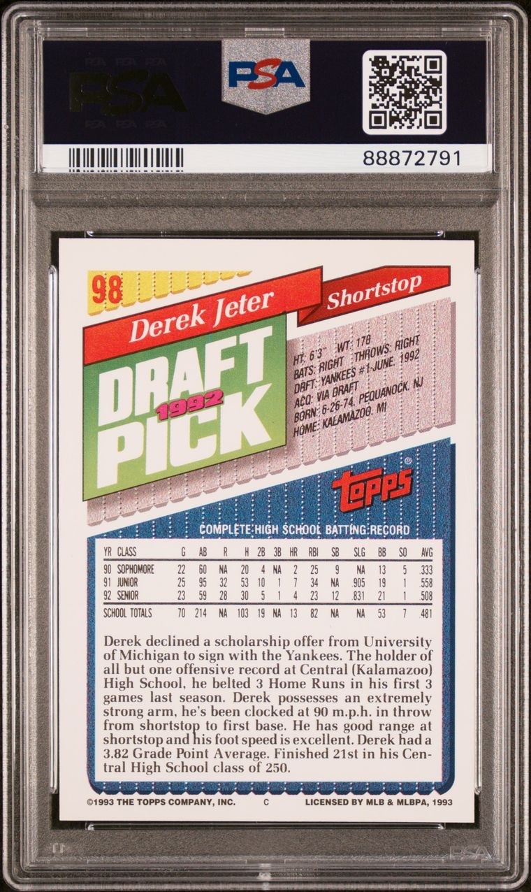 Derek Jeter 1993 Topps Draft Pick (RC) Rookie PSA 8 (NM-MT) NY Yankees HOF view 2