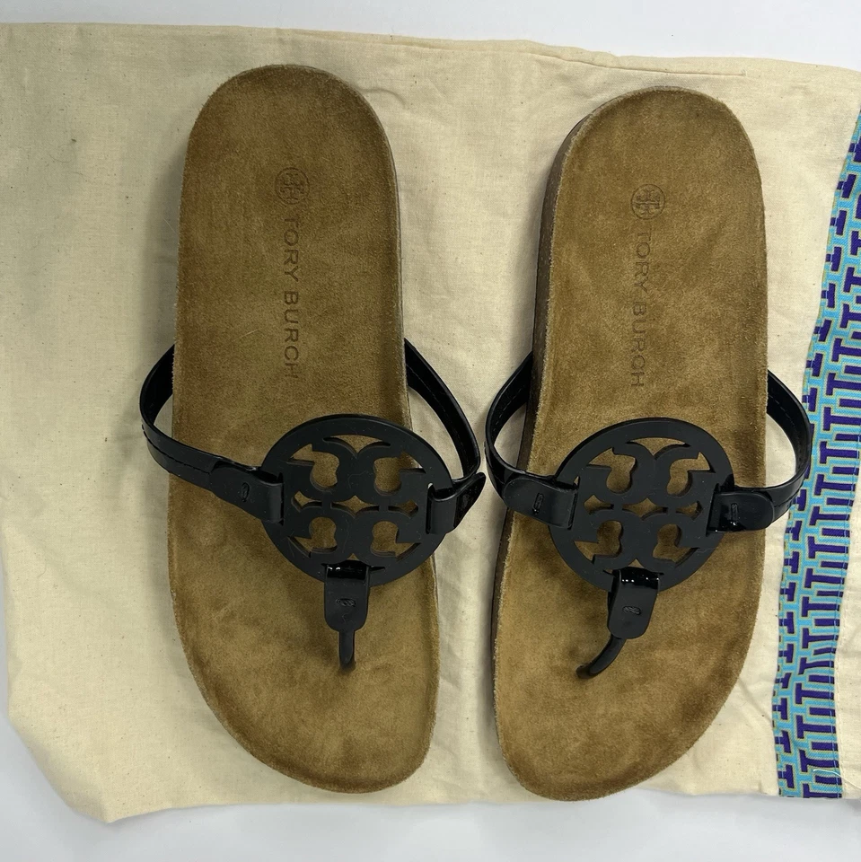 NWOB! Tory Burch Miller Cloud Black Patent Women’s Sandals Suede Cork Sz 11 - Image 2 of 4