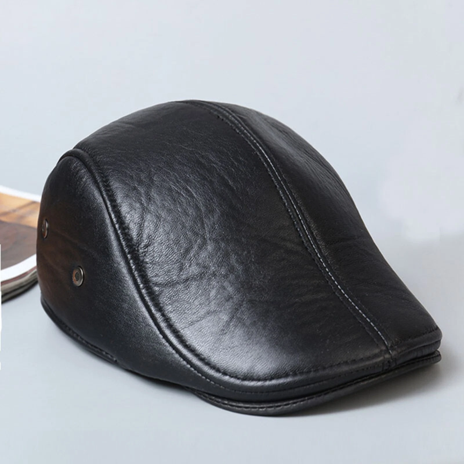 Retro Mens Sheepskin Leather Newsboy Hat Flat Beret Hats Black Hats Fashion Caps