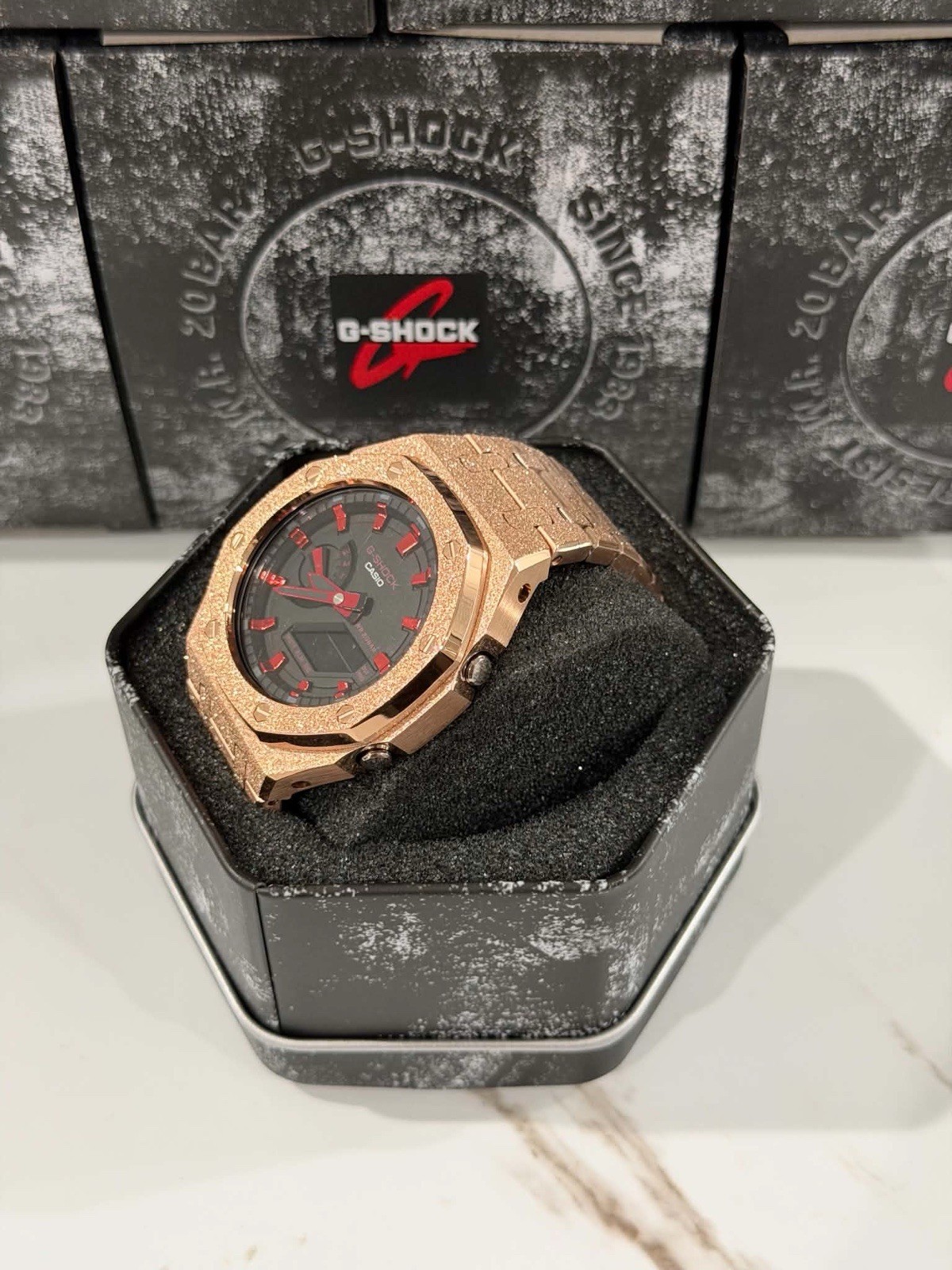 Casio GA-2100 G-Shock Watch – Sandblasted Gold Rose Frosted – Red Dial