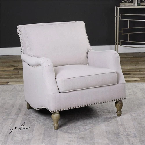 Uttermost Armstead Transitional Wood and Fabric Armchair in White/Brass - Picture 1 of 7