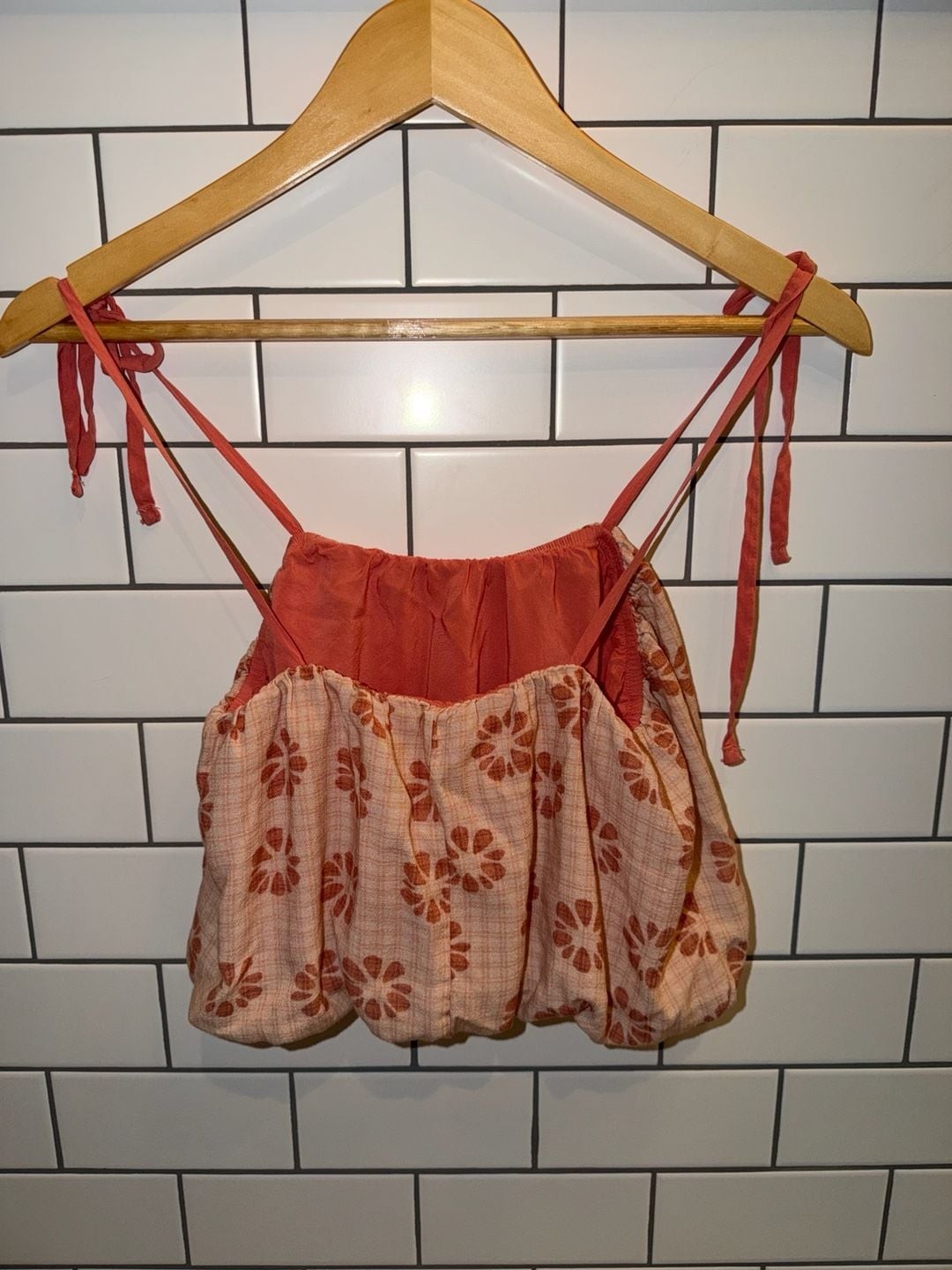Stitch & Pine Pink and Cream Floral Print Bubble Hem Tie-Strap Crop Top, photo 5