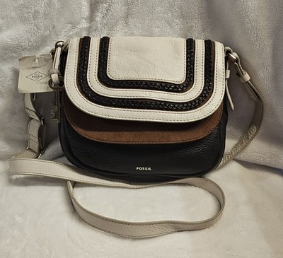 NWT Fossil Purse Black White Cowhide Leather Suede Peyton Double Flap Crossbody 