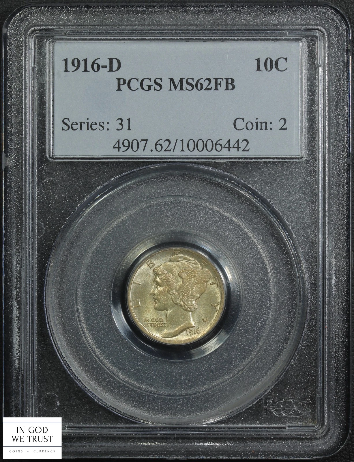 1916 D Full Split Bands Mercury Silver Dime 10C PCGS MS 62 FB