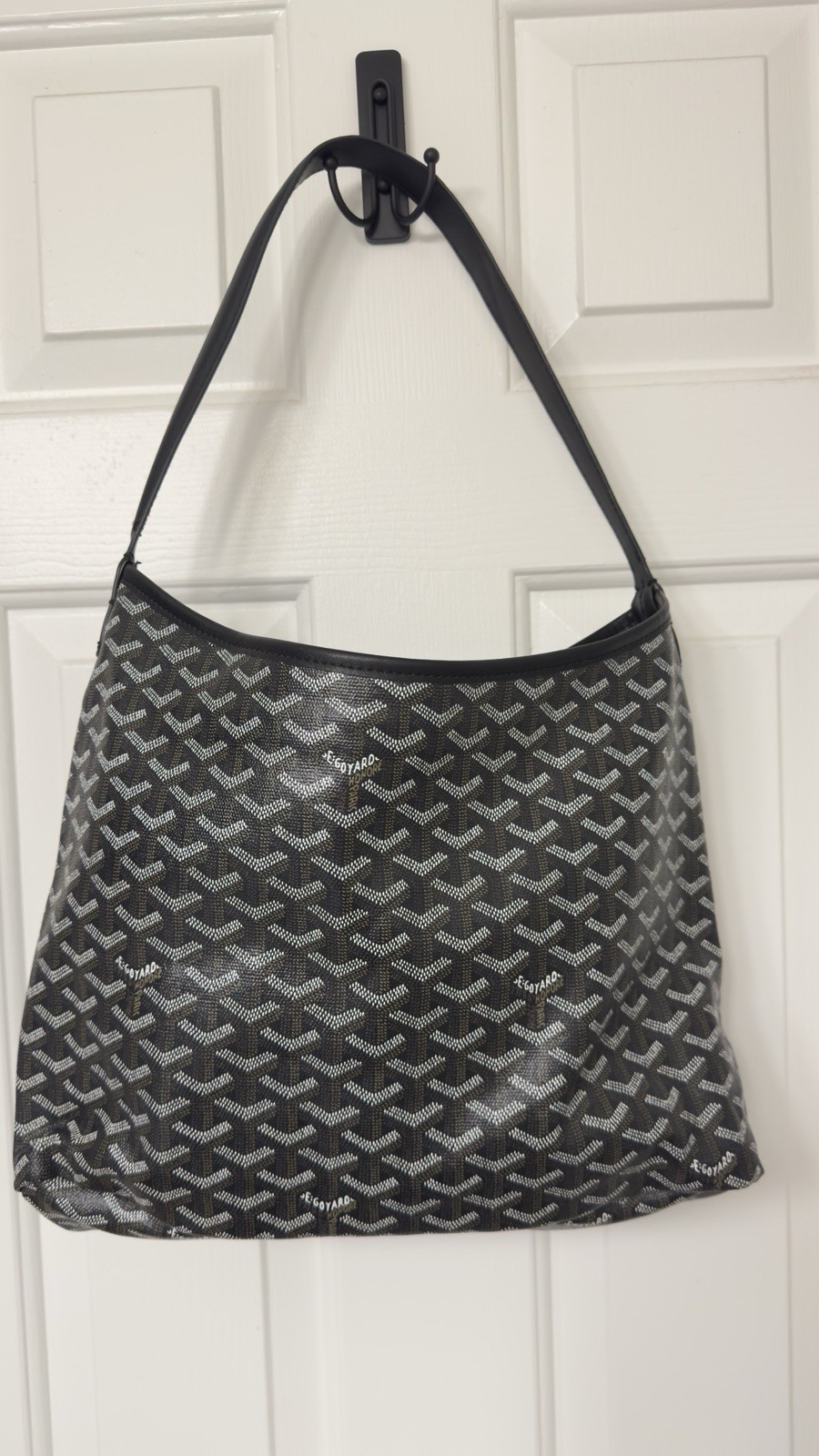 Black Chevron Pattern Coated Canvas Shoulder Bag … - image 1