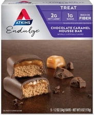 Atkins Endulge Chocolate Caramel Mousse Bars, 1g Sugar, High Fiber, 5 Pack