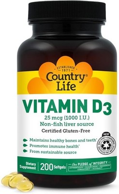 Country Life Vitamin D3 1000 IU (25 mcg) - Vitamin D Supplements 200 Softgels