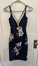 Windsor Navy Floral Satin V-Neck Bodycon Mini Dress Strappy Back Size S