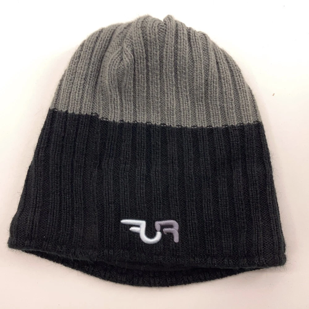 Gray Top Black Rib Knit Winter Hat Turtle Fur