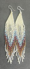 Boho Western White Turquoise Brown Seed Bead Beaded Earrings Fringe Tassel Long