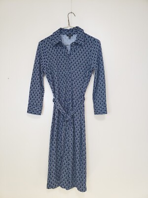 Talbots Shirt Dress Womens Petite P Blue Belted Geo Print Button Front Fall  NWOT | eBay