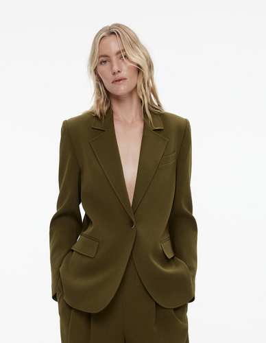 Witchery Boxy Single-Breasted Blazer jacket size 12 Olive green lined has pocket