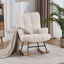UNIKOME Teddy Velvet Rocking Accent Chair Wingback Chair Padded Seat - White