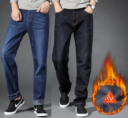 Hombre Invierno Grueso Térmico Jeans Forrado de Vellón Denim Pantalones Algodón Cálidos Pantalones - Imagen 2 de 17