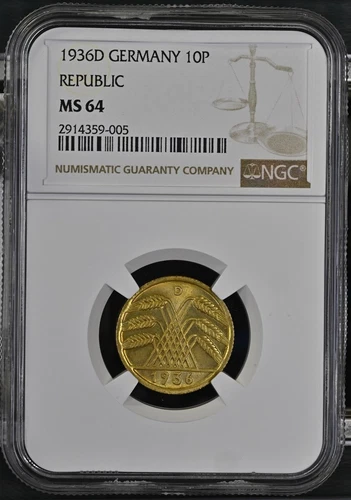 Germany 1936 D 10 Reichspfennig - KM#40 - NGC MS64
