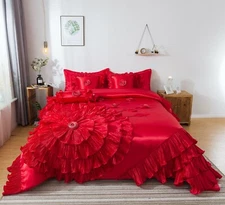 Tache Satin Ruffle Floral Red Rose Flamenco Wedding Romantic 6pc Comforter Set