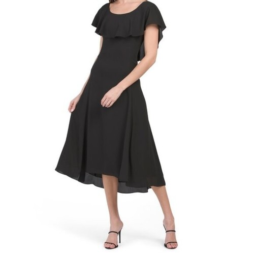 NWT THEORY SCOOP RUFFLE BLACK MIDI DRESS SIZE 2 $375 - Picture 3 of 16