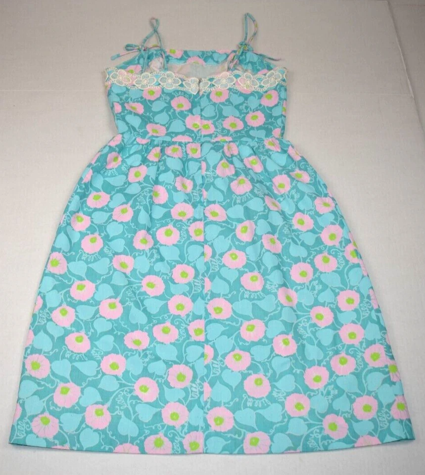 Lilly Pulitzer Dress VTG Size XS/S 60s Aqua Blue Sundress Pink Flower Lilly Lace - Image 4 of 4
